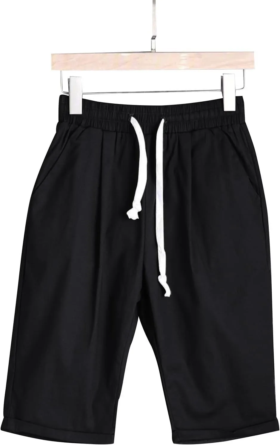 Womens Casual Shorts Summer Cotton Elastic Waist Drawstring Knee Length Bermuda Shorts Loose Fit Beach Shorts