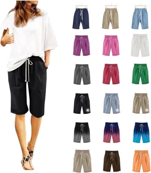Womens Casual Shorts Summer Cotton Elastic Waist Drawstring Knee Length Bermuda Shorts Loose Fit Beach Shorts