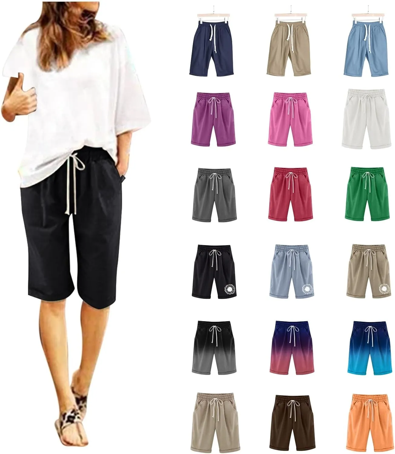 Womens Casual Shorts Summer Cotton Elastic Waist Drawstring Knee Length Bermuda Shorts Loose Fit Beach Shorts