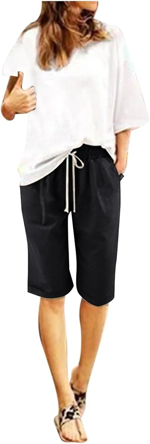 Womens Casual Shorts Summer Cotton Elastic Waist Drawstring Knee Length Bermuda Shorts Loose Fit Beach Shorts