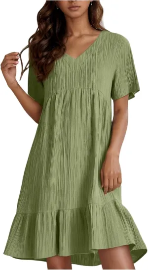 Womens Casual Summer Dresses Fashion Solid Short Sleeve Mini A Line Dress Loose Ruffle Pleated Vacation Beach Dresses