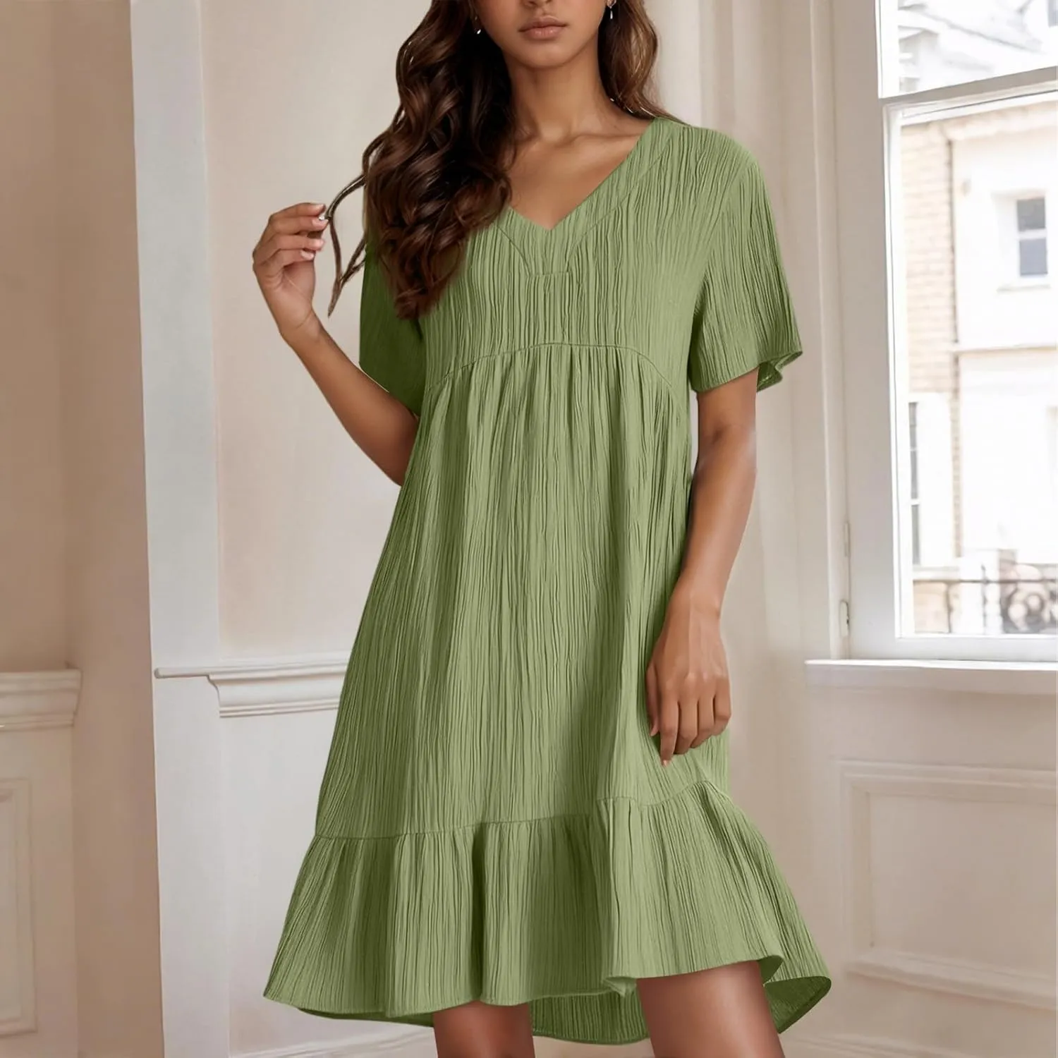 Womens Casual Summer Dresses Fashion Solid Short Sleeve Mini A Line Dress Loose Ruffle Pleated Vacation Beach Dresses