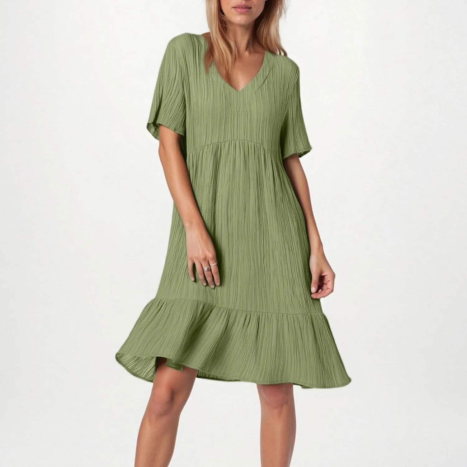 Womens Casual Summer Dresses Fashion Solid Short Sleeve Mini A Line Dress Loose Ruffle Pleated Vacation Beach Dresses