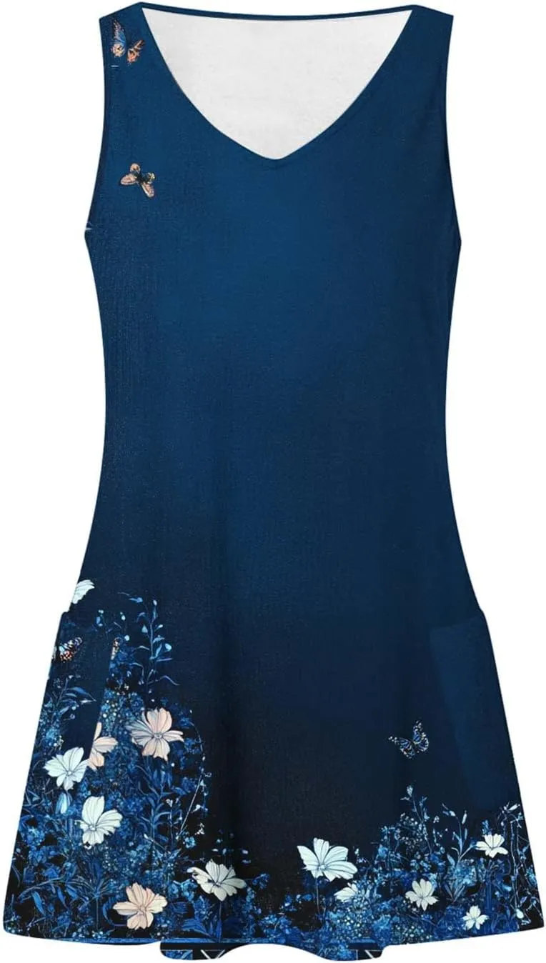 Womens Casual Summer Short Dresses Floral Printed Sleeveless V Neck Spring Dress Mini Dress 2025