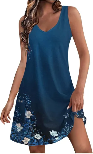 Womens Casual Summer Short Dresses Floral Printed Sleeveless V Neck Spring Dress Mini Dress 2025