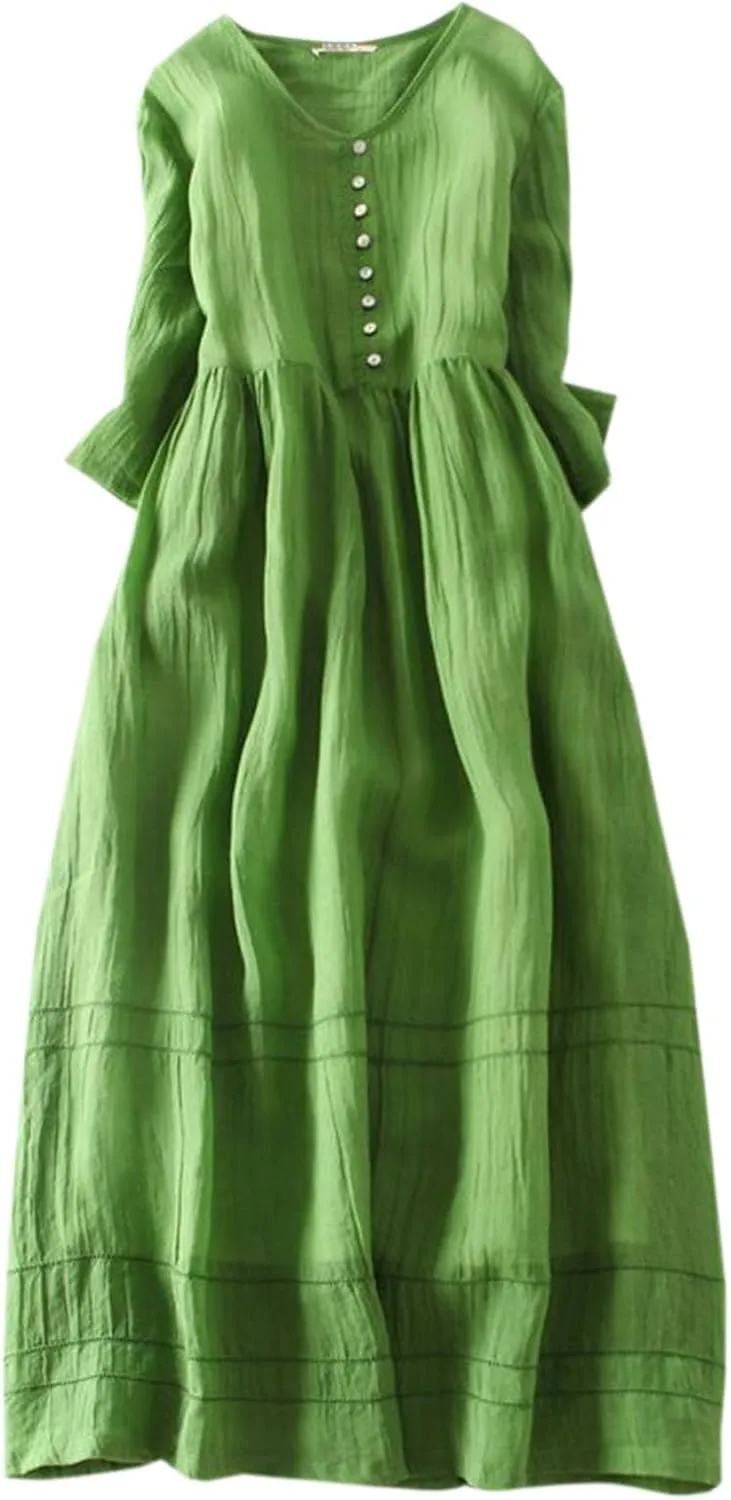 Womens Cotton Linen Dresses Summer Dressy Casual Short Sleeve Maxi Dresses Trendy Summer Vacation A Line Dress