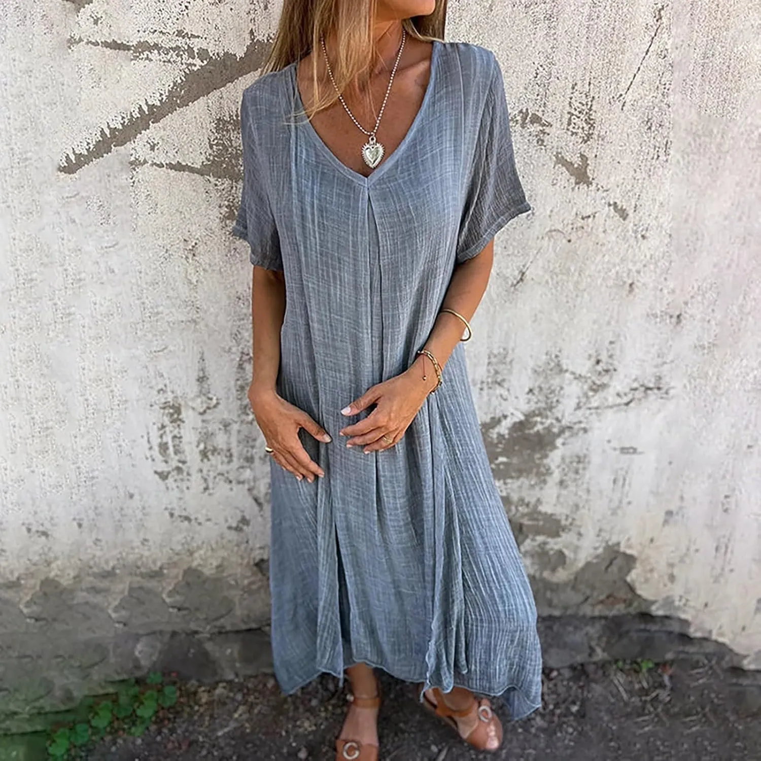 Women's Cotton Linen Maxi Dress Short Sleeve Summer Short Sleeve V-Neck Loose Dresses Solid Vacation Trendy Dresses