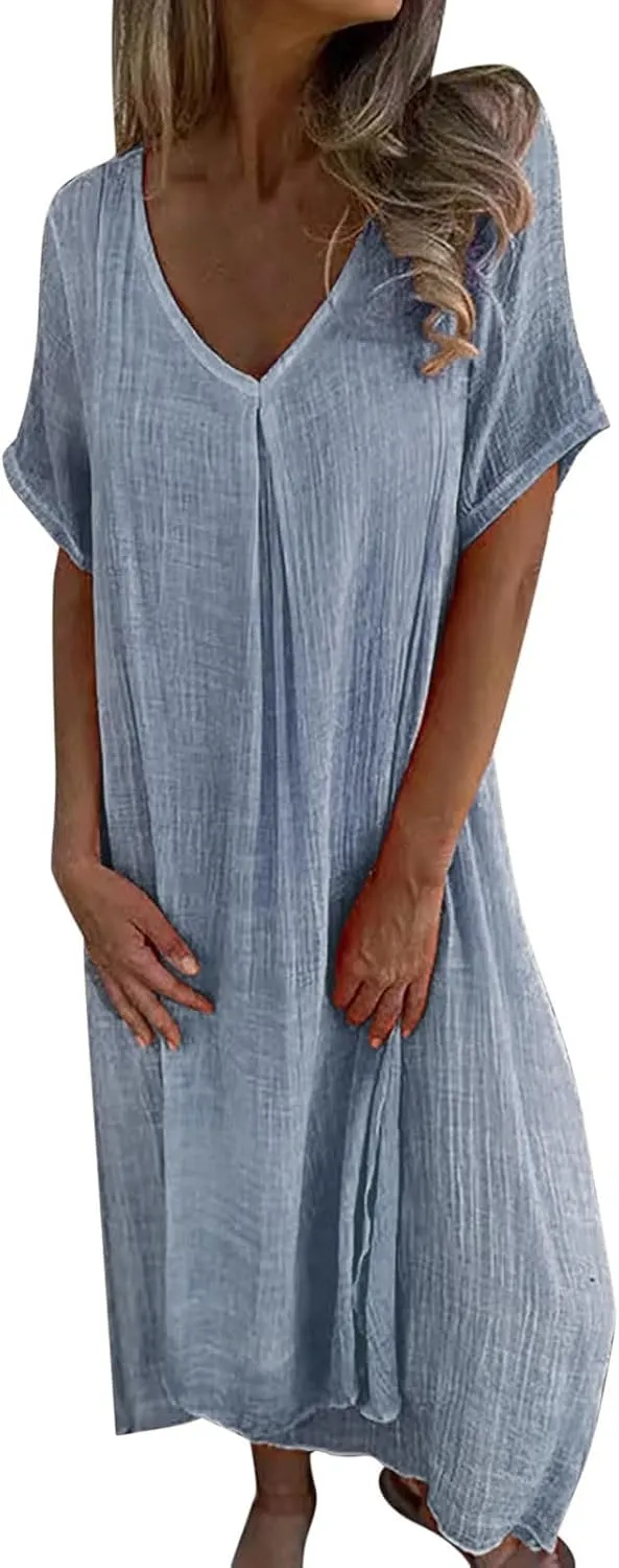 Women's Cotton Linen Maxi Dress Short Sleeve Summer Short Sleeve V-Neck Loose Dresses Solid Vacation Trendy Dresses