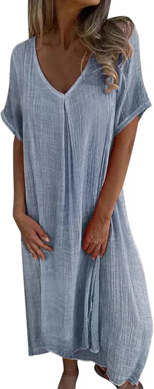 Women's Cotton Linen Maxi Dress Short Sleeve Summer Short Sleeve V-Neck Loose Dresses Solid Vacation Trendy Dresses