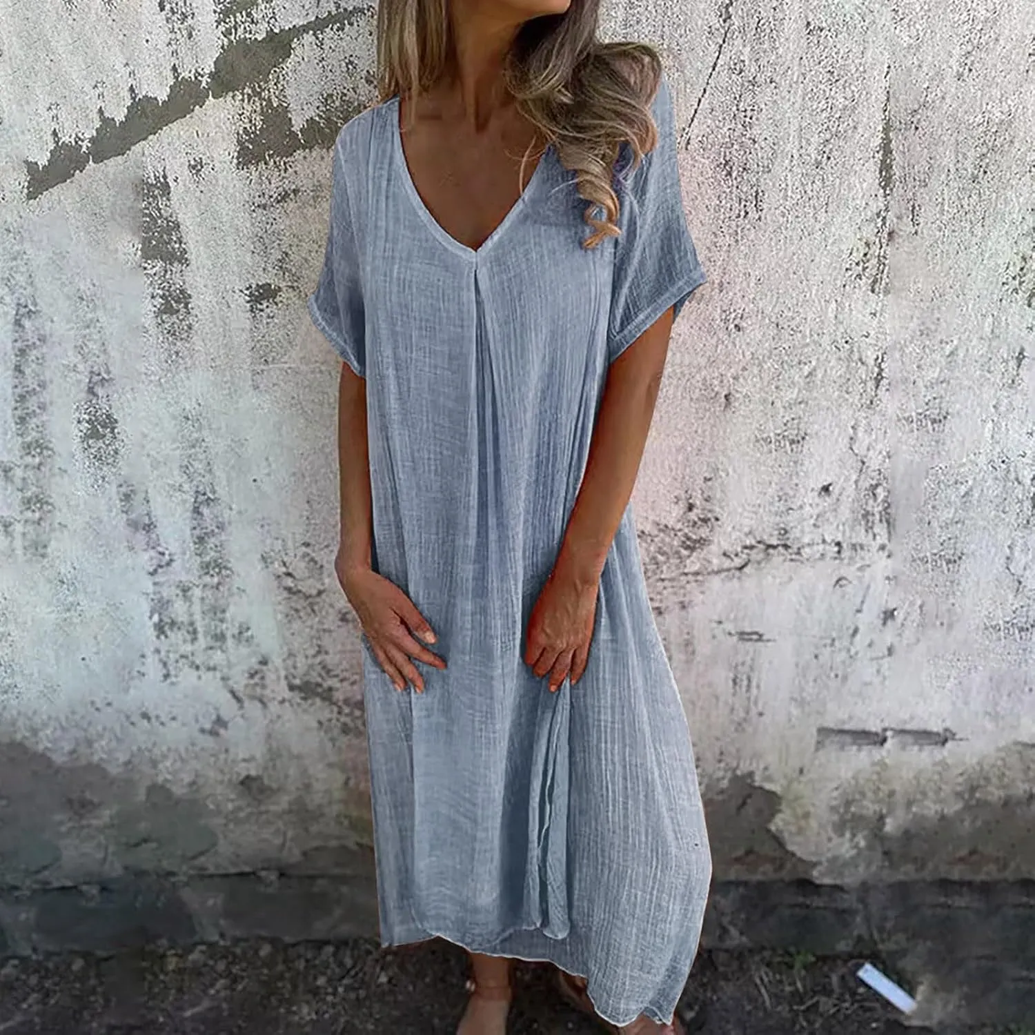 Women's Cotton Linen Maxi Dress Short Sleeve Summer Short Sleeve V-Neck Loose Dresses Solid Vacation Trendy Dresses