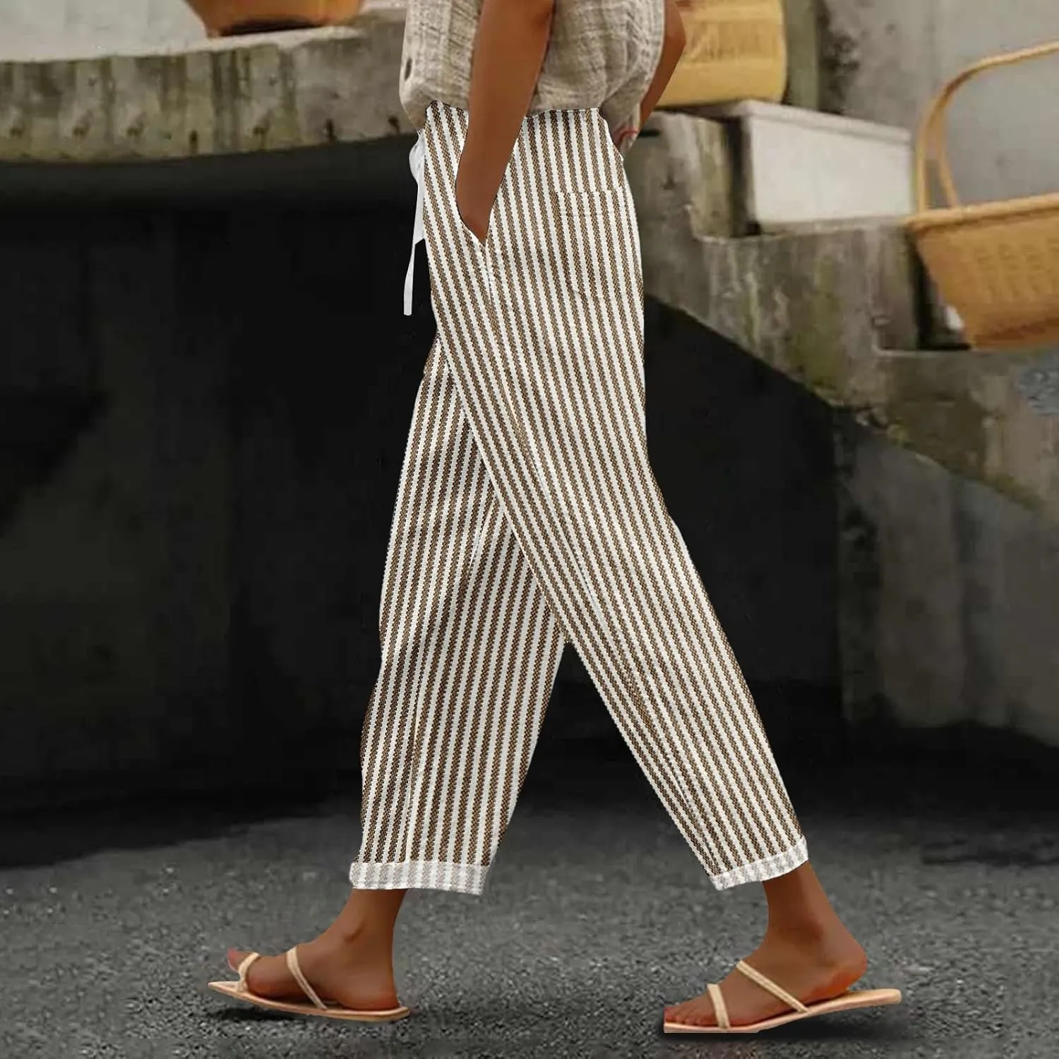 Womens Cotton Linen Pants Pants with Pockets Wide Leg Cropped for Women Side Button Casual Cropped Linen
