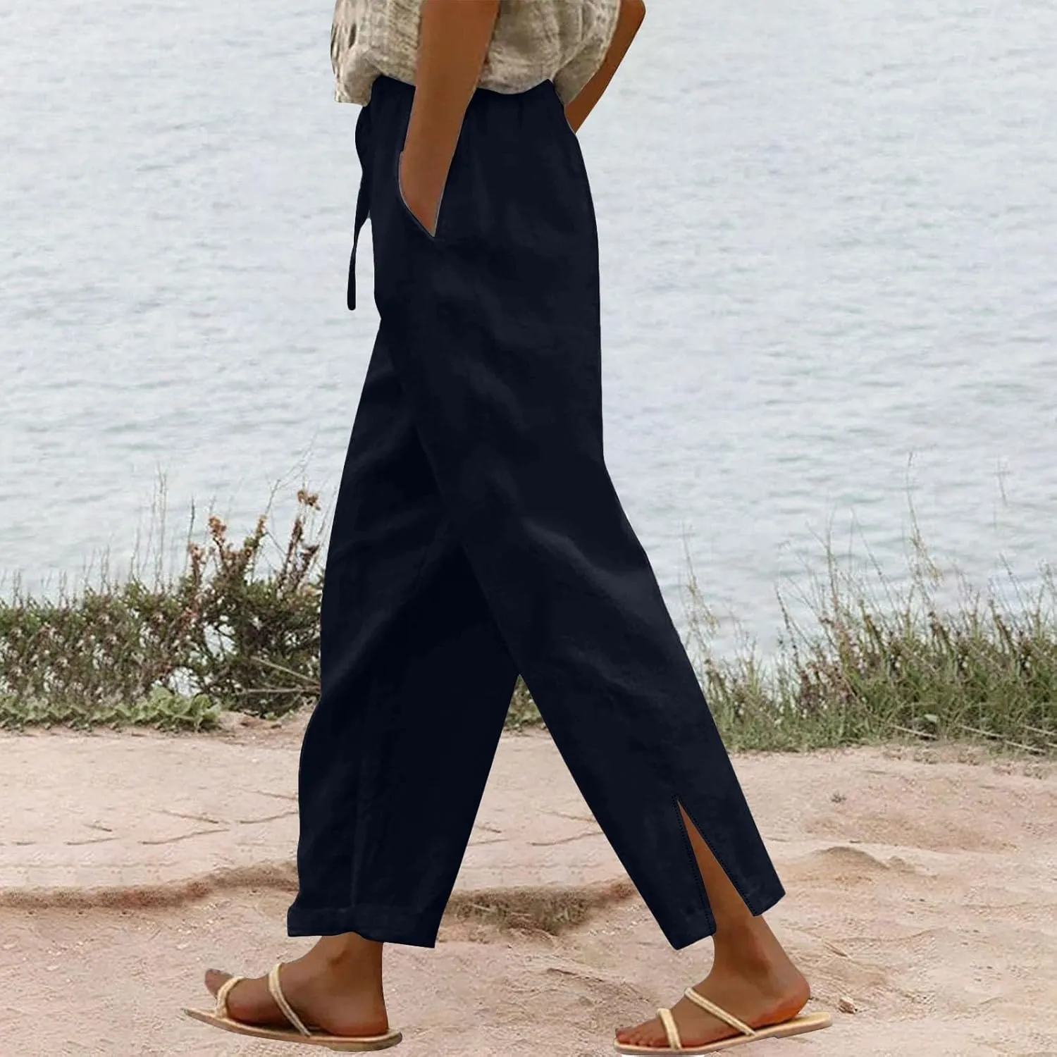 Womens Cotton Linen Pants Pants with Pockets Wide Leg Cropped for Women Side Button Casual Cropped Linen