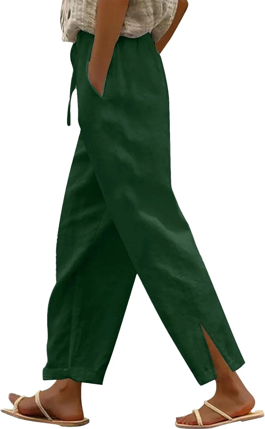 Womens Cotton Linen Pants Pants with Pockets Wide Leg Cropped for Women Side Button Casual Cropped Linen