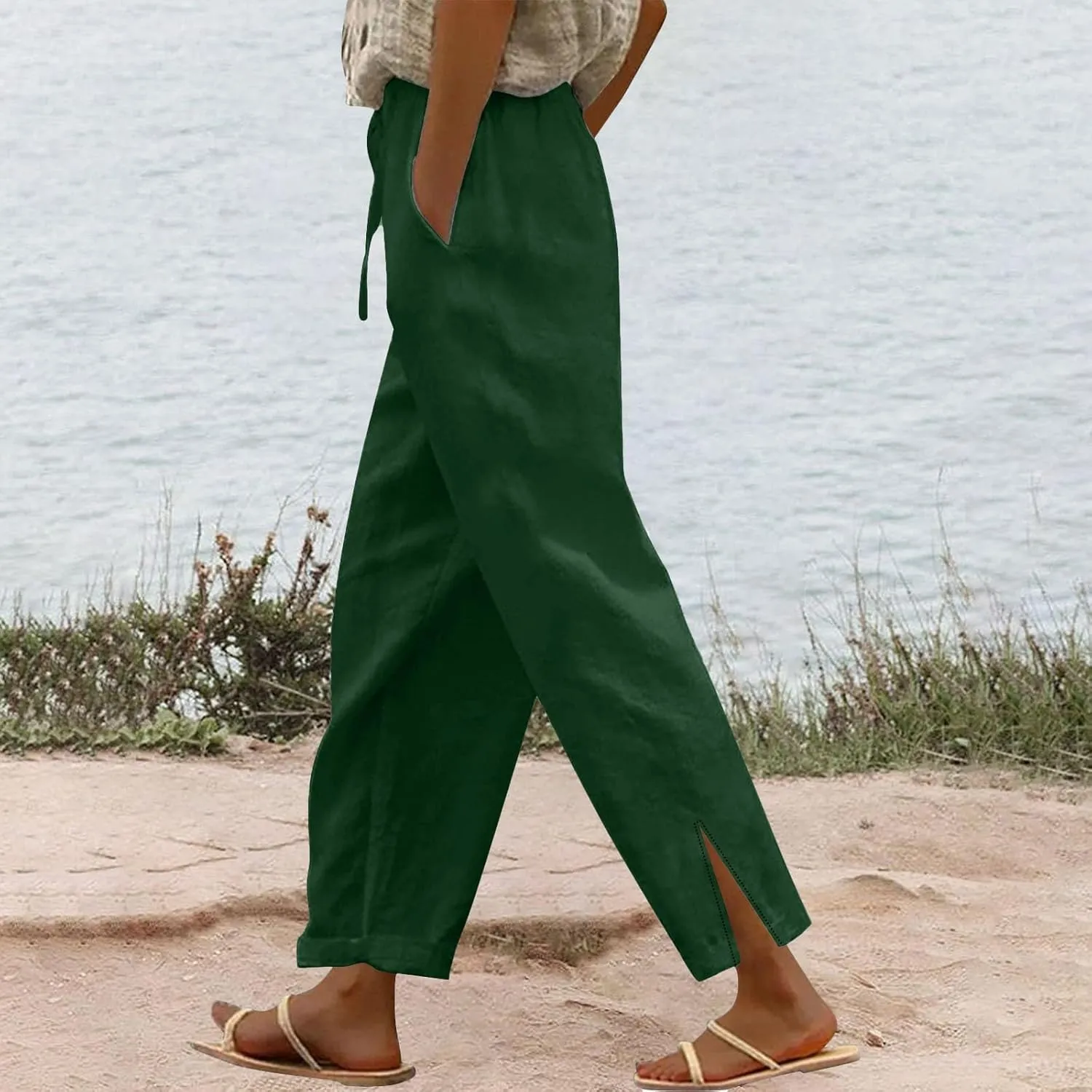 Womens Cotton Linen Pants Pants with Pockets Wide Leg Cropped for Women Side Button Casual Cropped Linen