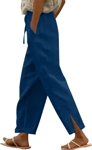 Womens Cotton Linen Pants Pants with Pockets Wide Leg Cropped for Women Side Button Casual Cropped Linen