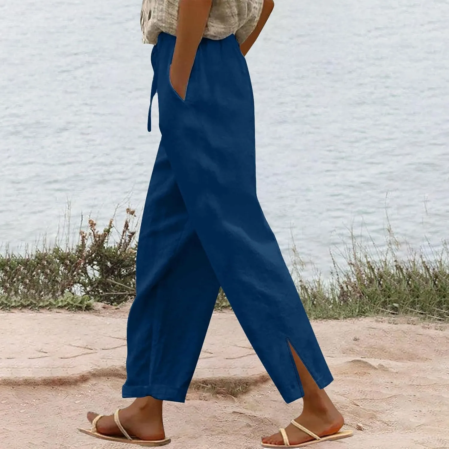 Womens Cotton Linen Pants Pants with Pockets Wide Leg Cropped for Women Side Button Casual Cropped Linen