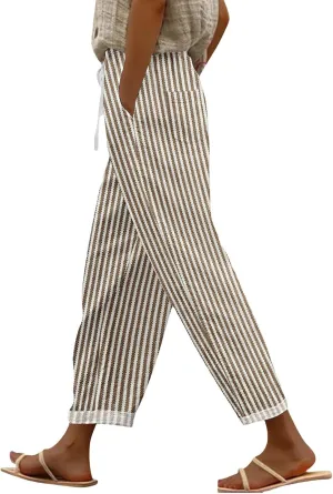 Womens Cotton Linen Pants Pants with Pockets Wide Leg Cropped for Women Side Button Casual Cropped Linen