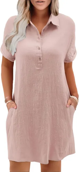 Womens Cotton Linen Shirt Dress Short Sleeve Lapel Summer Casual Midi Dress Button Beach Cover Up Dresses with Pocket