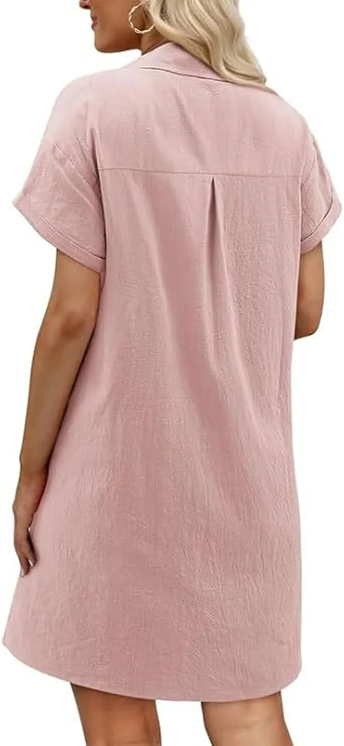Womens Cotton Linen Shirt Dress Short Sleeve Lapel Summer Casual Midi Dress Button Beach Cover Up Dresses with Pocket