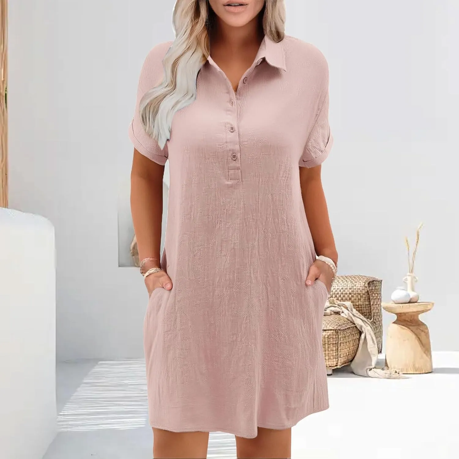 Womens Cotton Linen Shirt Dress Short Sleeve Lapel Summer Casual Midi Dress Button Beach Cover Up Dresses with Pocket