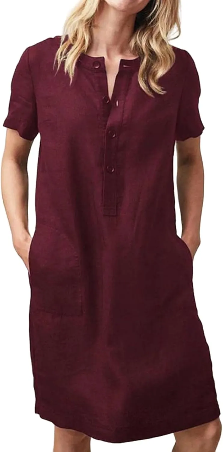 Womens Cotton Linen Shirt Dress Summer Casual Loose Short Sleeve Tshirts Button Down Beach Cover Up Dress with Pocket