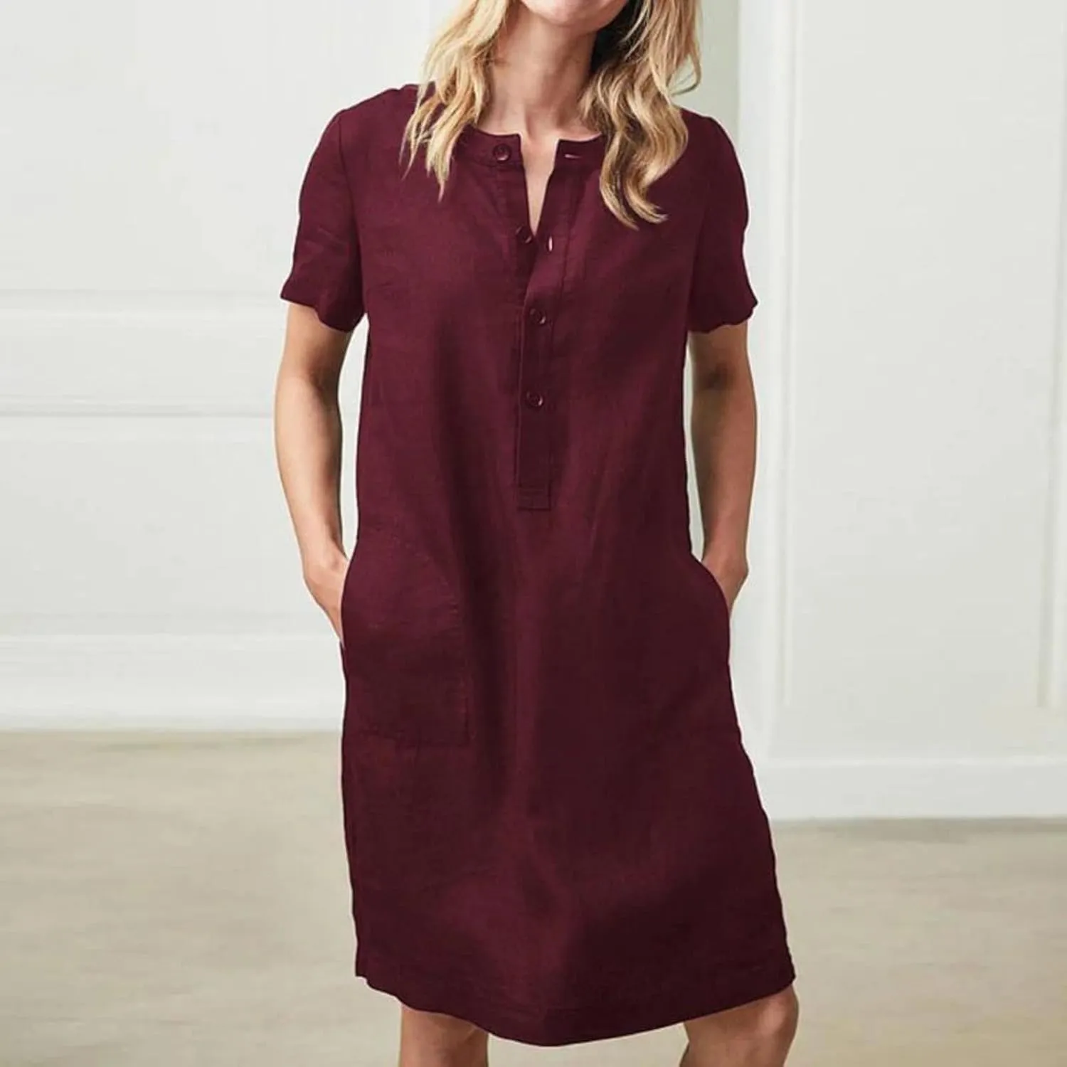 Womens Cotton Linen Shirt Dress Summer Casual Loose Short Sleeve Tshirts Button Down Beach Cover Up Dress with Pocket