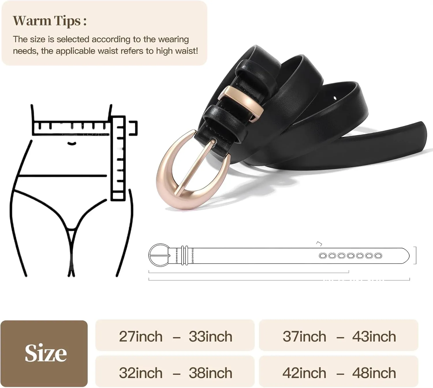 Women's Cow Leather Belt for Jeans Pants Fashion Ladies Skinny Dress Waist belt with Gold Buckle