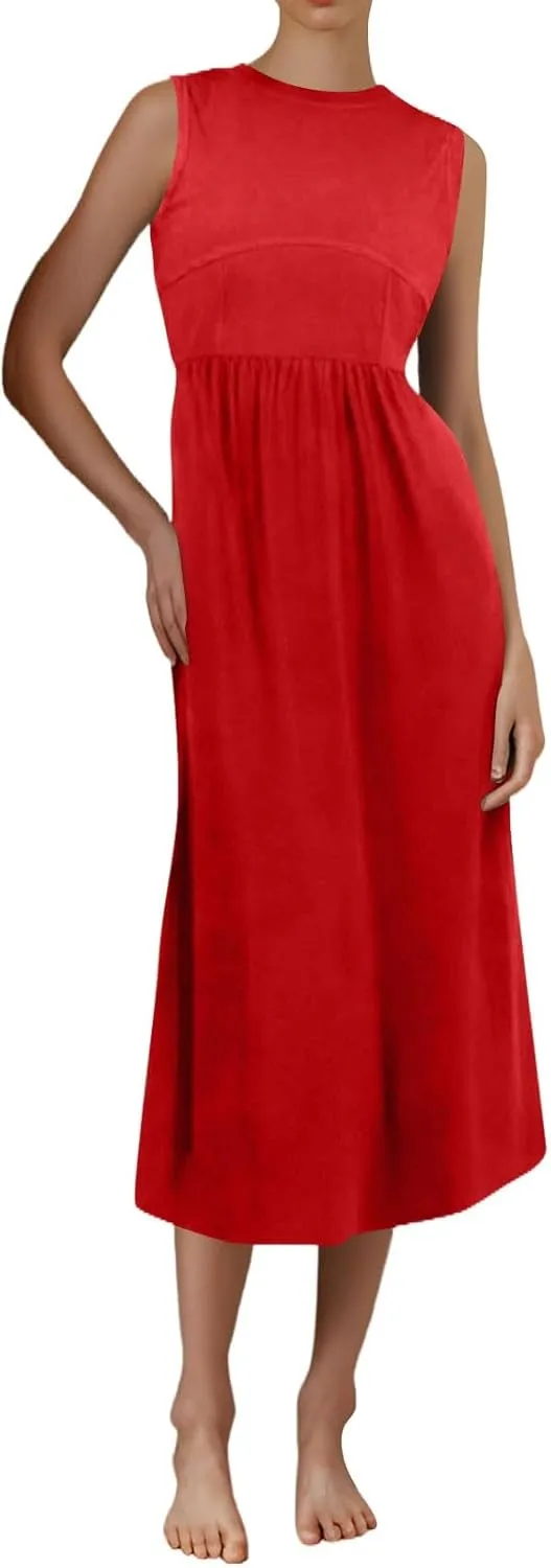 Womens Dress Summer Tank Dress Cute Sundresses High Waist Sleeveless Empire Waist Dresses A Line Dresses with Pocket