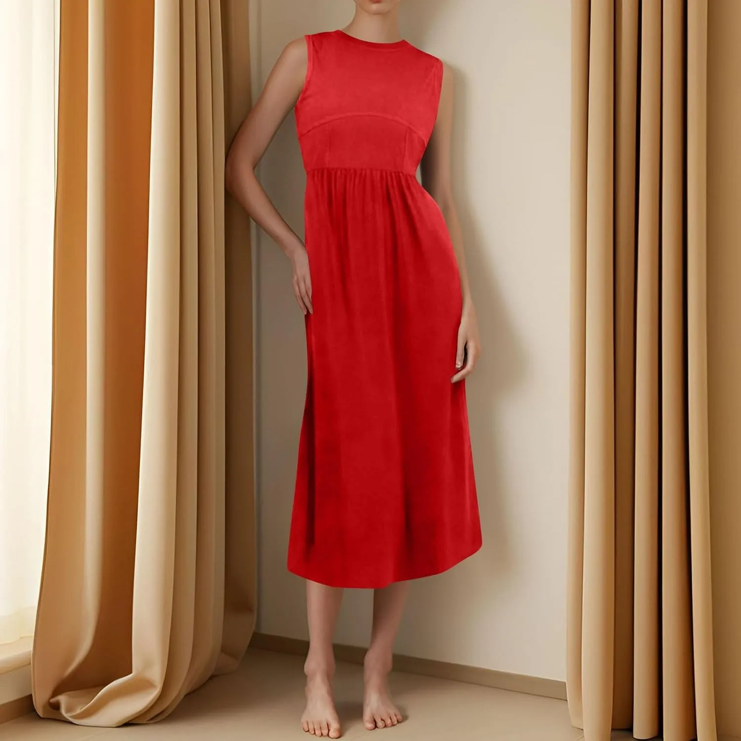 Womens Dress Summer Tank Dress Cute Sundresses High Waist Sleeveless Empire Waist Dresses A Line Dresses with Pocket