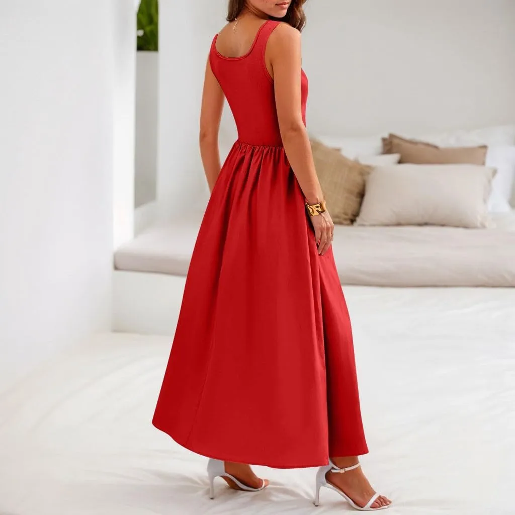 Womens Dress Summer Tank Dress Cute Sundresses High Waist Sleeveless Empire Waist Dresses A Line Dresses with Pocket