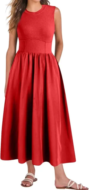 Womens Dress Summer Tank Dress Cute Sundresses High Waist Sleeveless Empire Waist Dresses A Line Dresses with Pocket