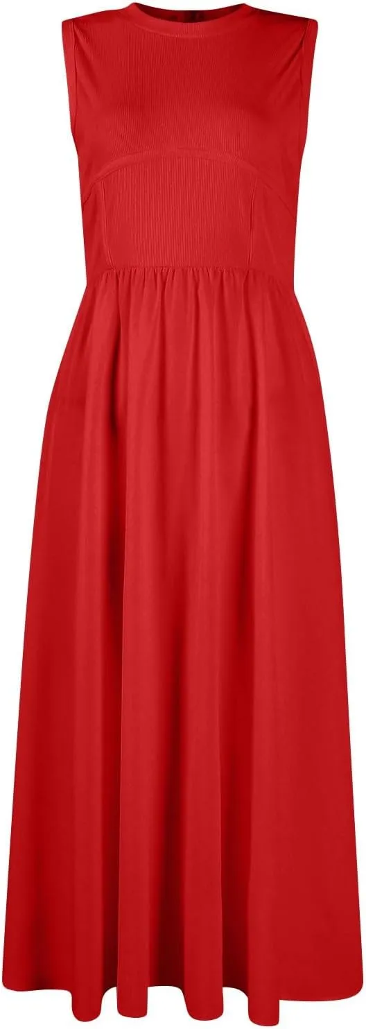 Womens Dress Summer Tank Dress Cute Sundresses High Waist Sleeveless Empire Waist Dresses A Line Dresses with Pocket
