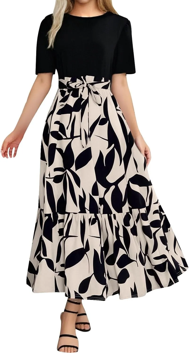 Womens Dresses for Wedding Guest Crewneck Belted Floral Colorblock Long Dresses Elegant Church Ruffle Beach Vacation Sundress