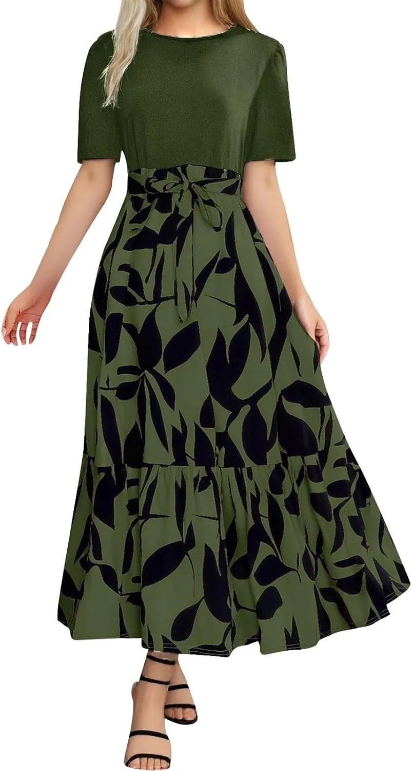 Womens Dresses for Wedding Guest Crewneck Belted Floral Colorblock Long Dresses Elegant Church Ruffle Beach Vacation Sundress