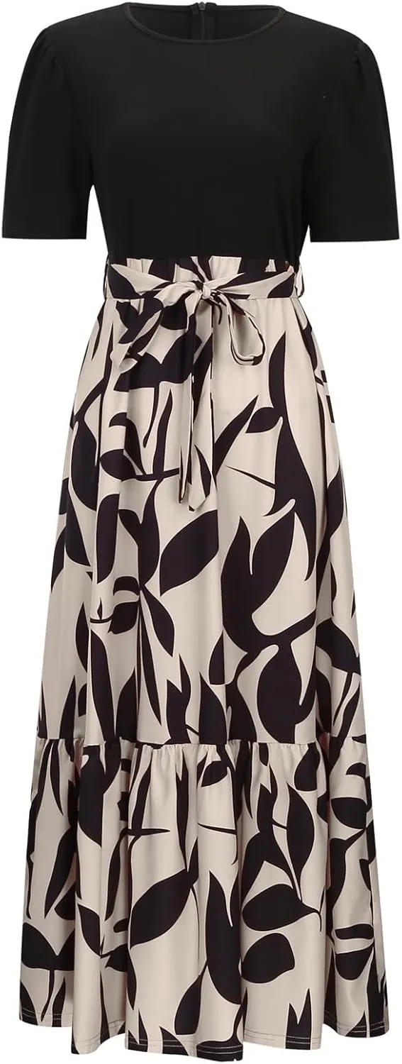 Womens Dresses for Wedding Guest Crewneck Belted Floral Colorblock Long Dresses Elegant Church Ruffle Beach Vacation Sundress