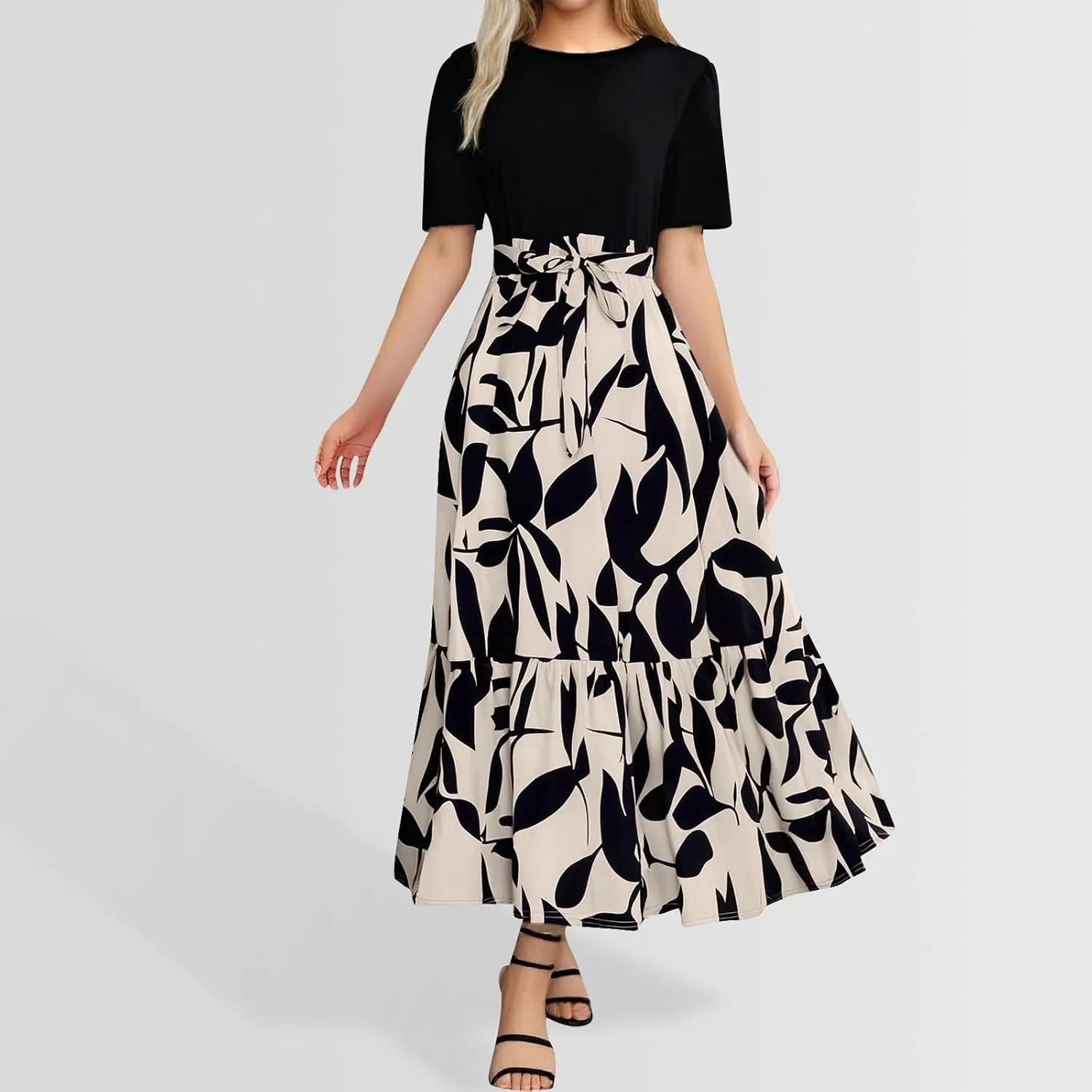 Womens Dresses for Wedding Guest Crewneck Belted Floral Colorblock Long Dresses Elegant Church Ruffle Beach Vacation Sundress