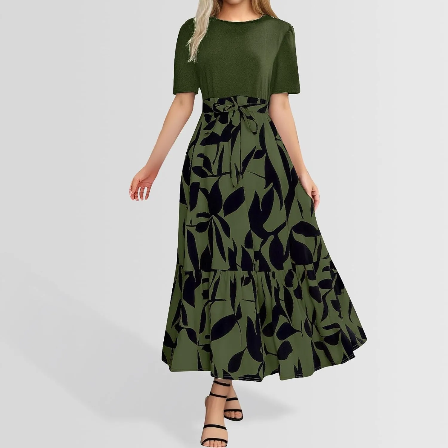 Womens Dresses for Wedding Guest Crewneck Belted Floral Colorblock Long Dresses Elegant Church Ruffle Beach Vacation Sundress