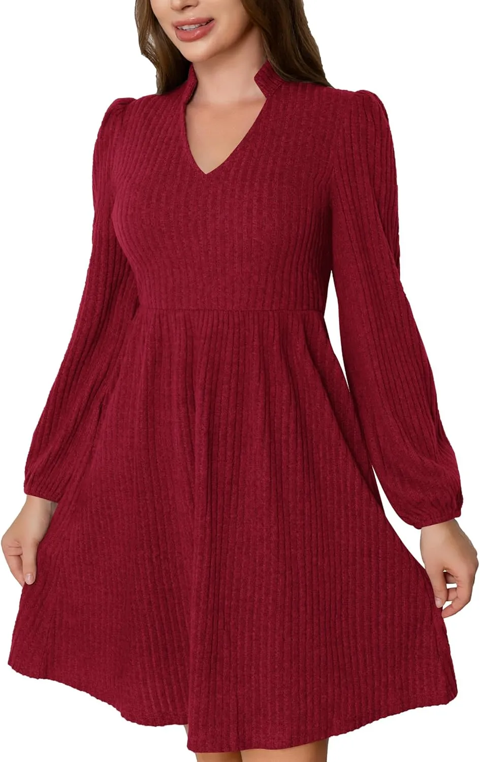 Women's Fall Knit Sweater Dress V Neck Long Sleeve A-Line Swing Casual Mini Wedding Guest Dresses with Pockets