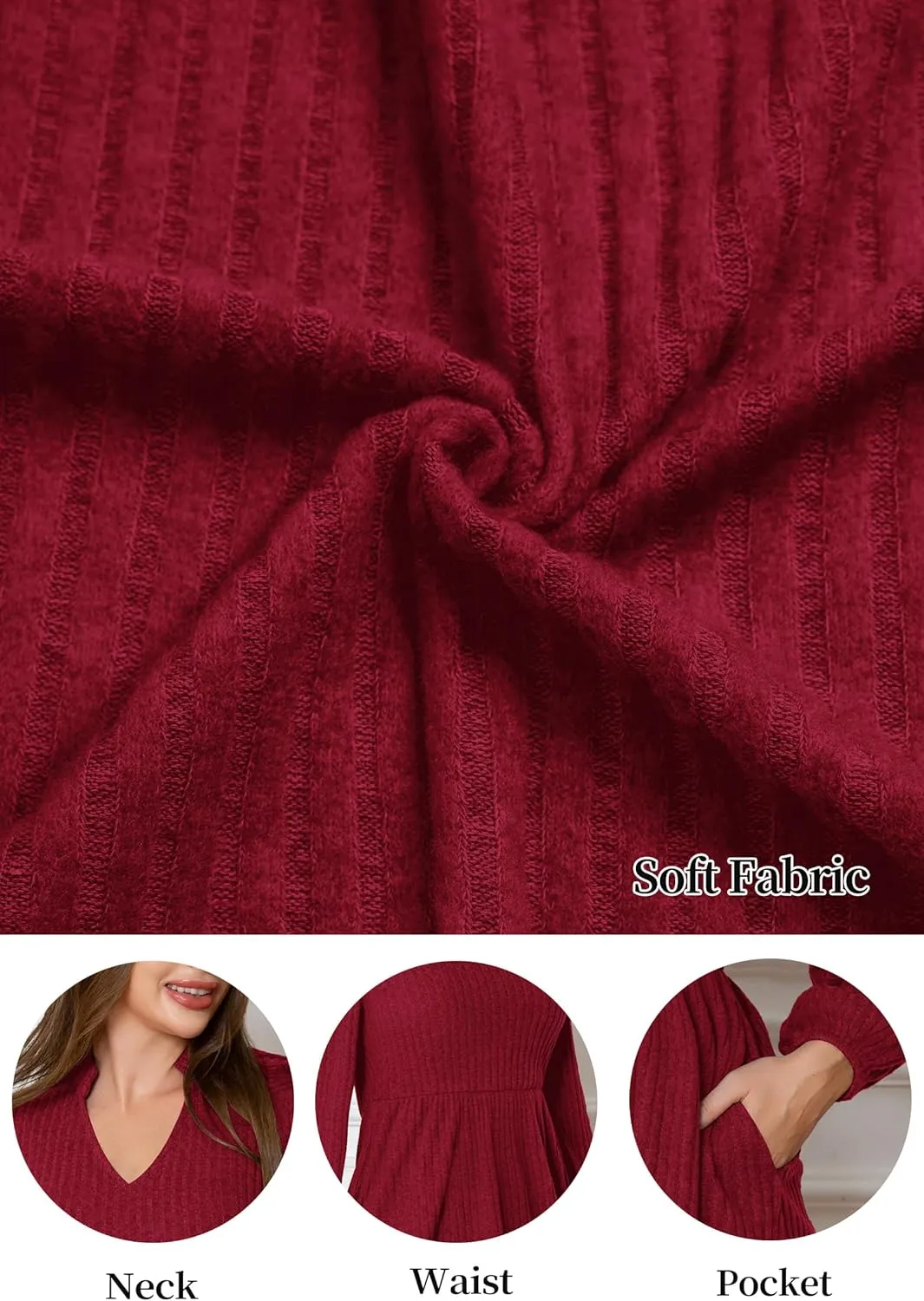 Women's Fall Knit Sweater Dress V Neck Long Sleeve A-Line Swing Casual Mini Wedding Guest Dresses with Pockets