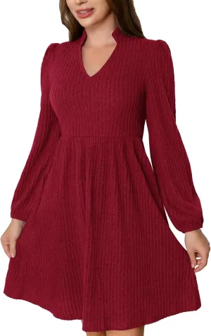 Women's Fall Knit Sweater Dress V Neck Long Sleeve A-Line Swing Casual Mini Wedding Guest Dresses with Pockets