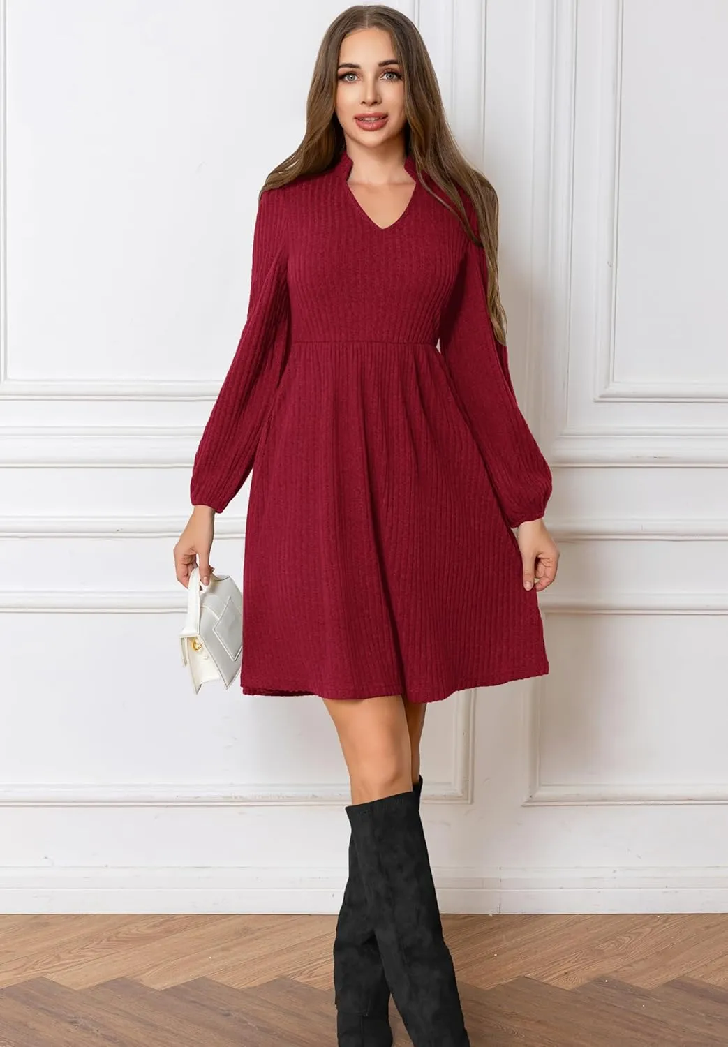 Women's Fall Knit Sweater Dress V Neck Long Sleeve A-Line Swing Casual Mini Wedding Guest Dresses with Pockets
