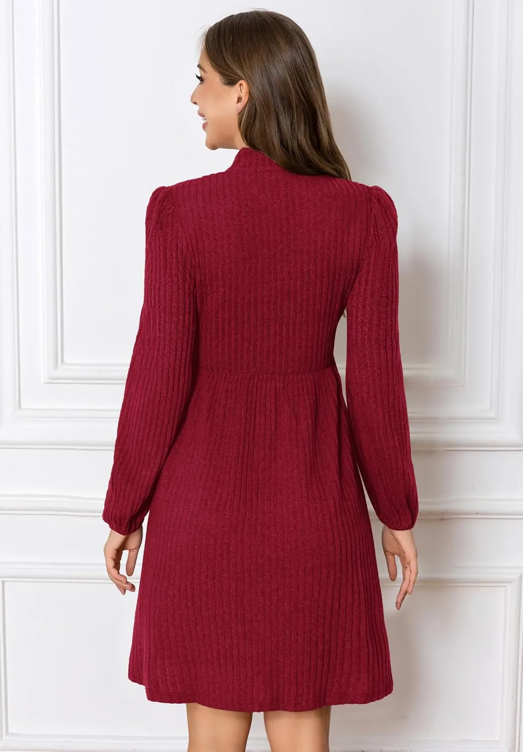 Women's Fall Knit Sweater Dress V Neck Long Sleeve A-Line Swing Casual Mini Wedding Guest Dresses with Pockets