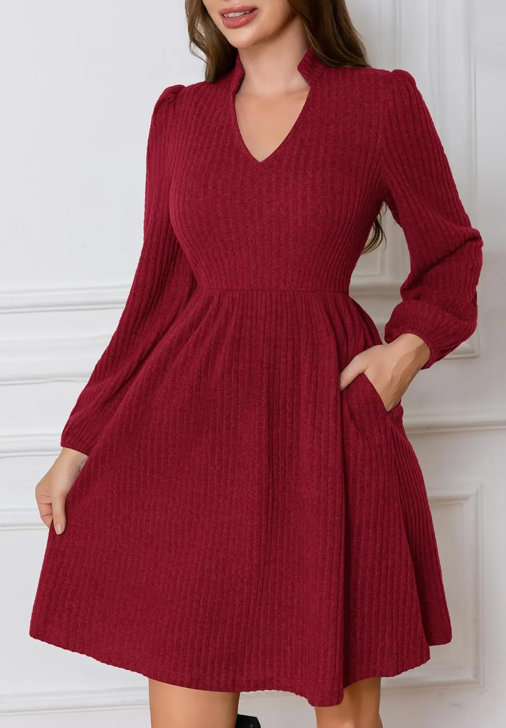 Women's Fall Knit Sweater Dress V Neck Long Sleeve A-Line Swing Casual Mini Wedding Guest Dresses with Pockets