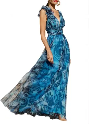 Women's Fashion Floral Pressure Pleated Evening Dresses Long Holiday Style Bridesmaid Dresses Dresses