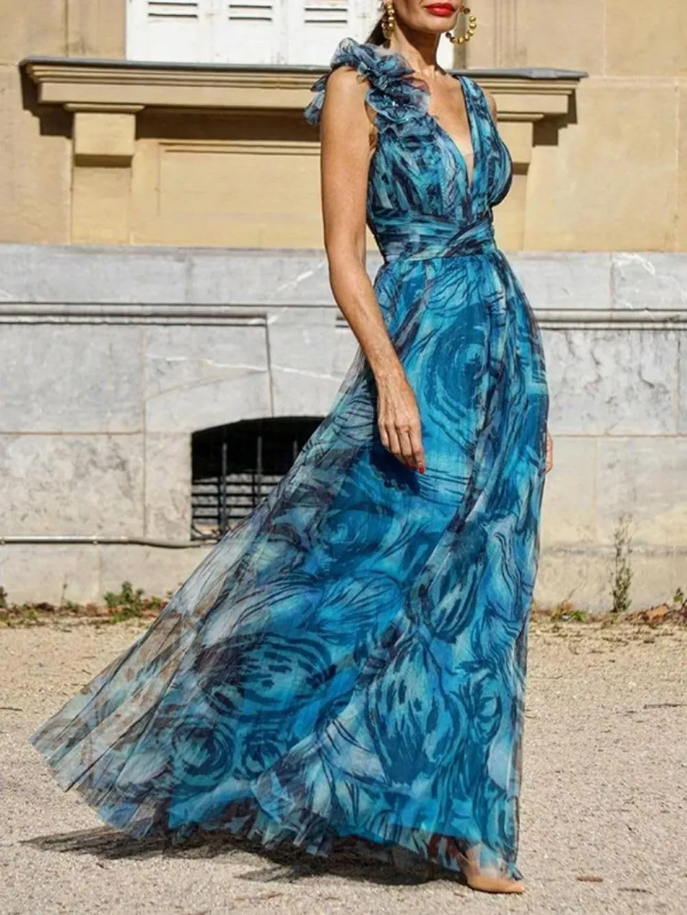 Women's Fashion Floral Pressure Pleated Evening Dresses Long Holiday Style Bridesmaid Dresses Dresses