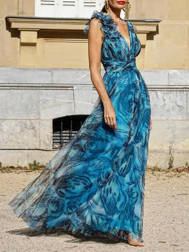 Women's Fashion Floral Pressure Pleated Evening Dresses Long Holiday Style Bridesmaid Dresses Dresses