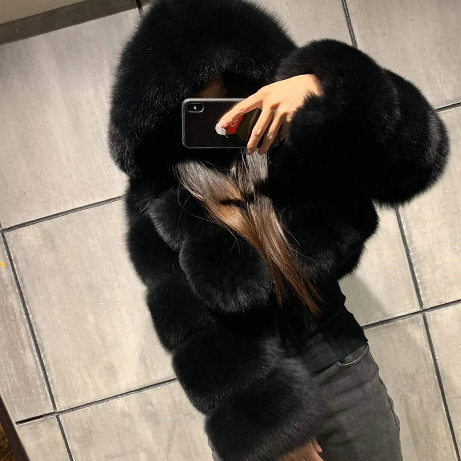 Womens Faux Fur Coat Jacket Open Front Crop Tops Solid Color Shaggy Hooded Cardigan Long Sleeve Fashion Warm Outwear Memela