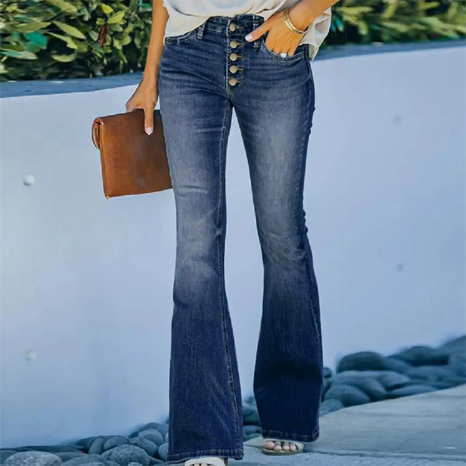 Women's Flare Bell Bottom Jeans High Waisted Wide Leg Retro Bootcut Jeans Button Fly Stretchy Denim Pants