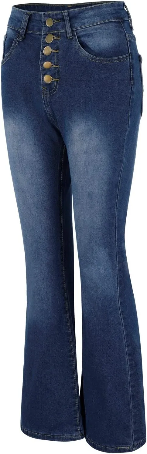 Women's Flare Bell Bottom Jeans High Waisted Wide Leg Retro Bootcut Jeans Button Fly Stretchy Denim Pants