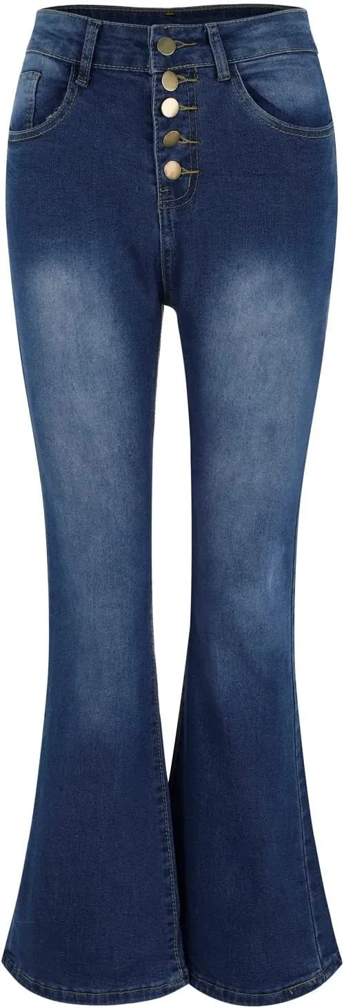 Women's Flare Bell Bottom Jeans High Waisted Wide Leg Retro Bootcut Jeans Button Fly Stretchy Denim Pants